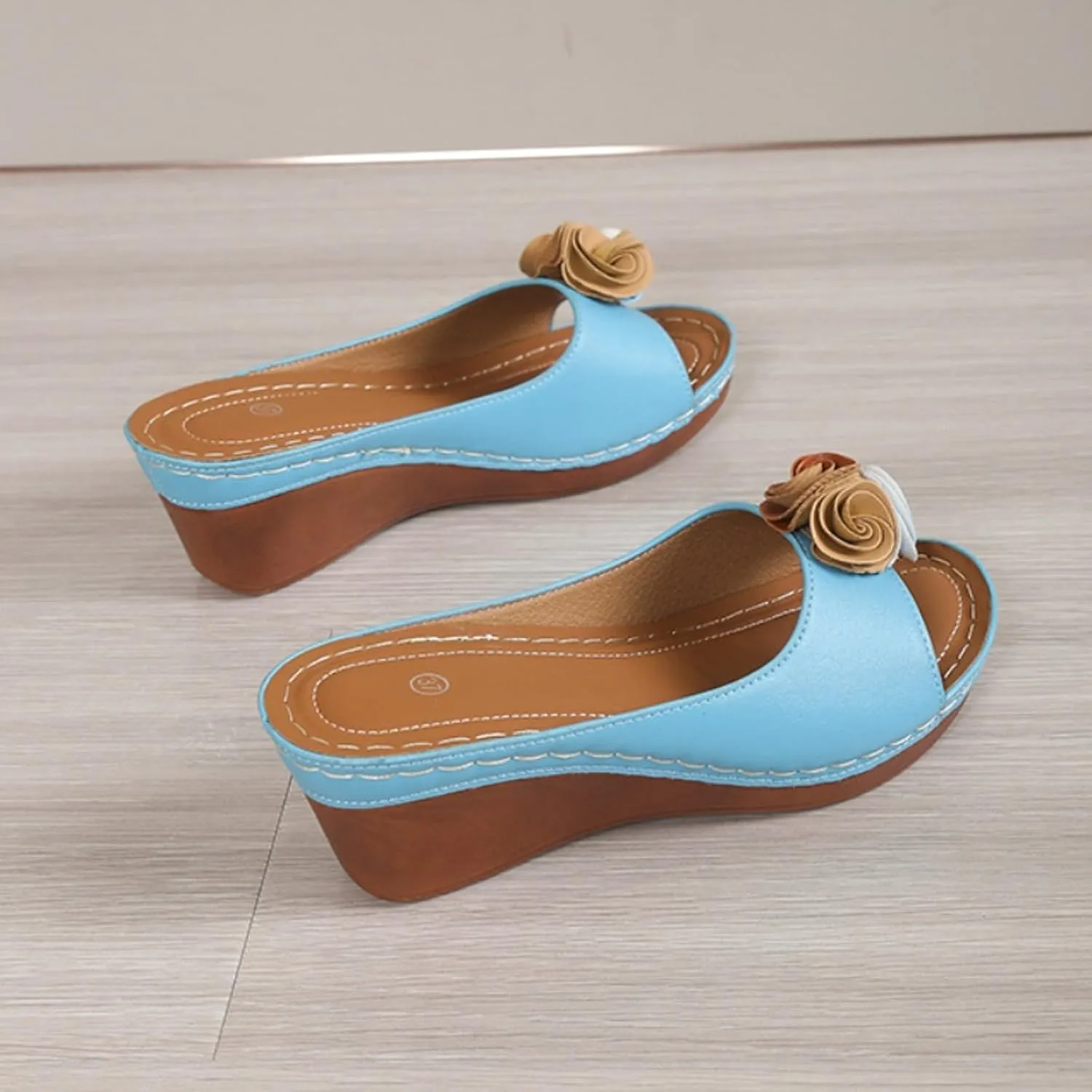 SuanlaTDS Women's Platform Wedge Sandals Flower Open-toe Slip On Slides Sandals Comfortable Casual Summer Peep Toe Slingback Low Heels Wedges Sandals Elegant Party Work Shoes