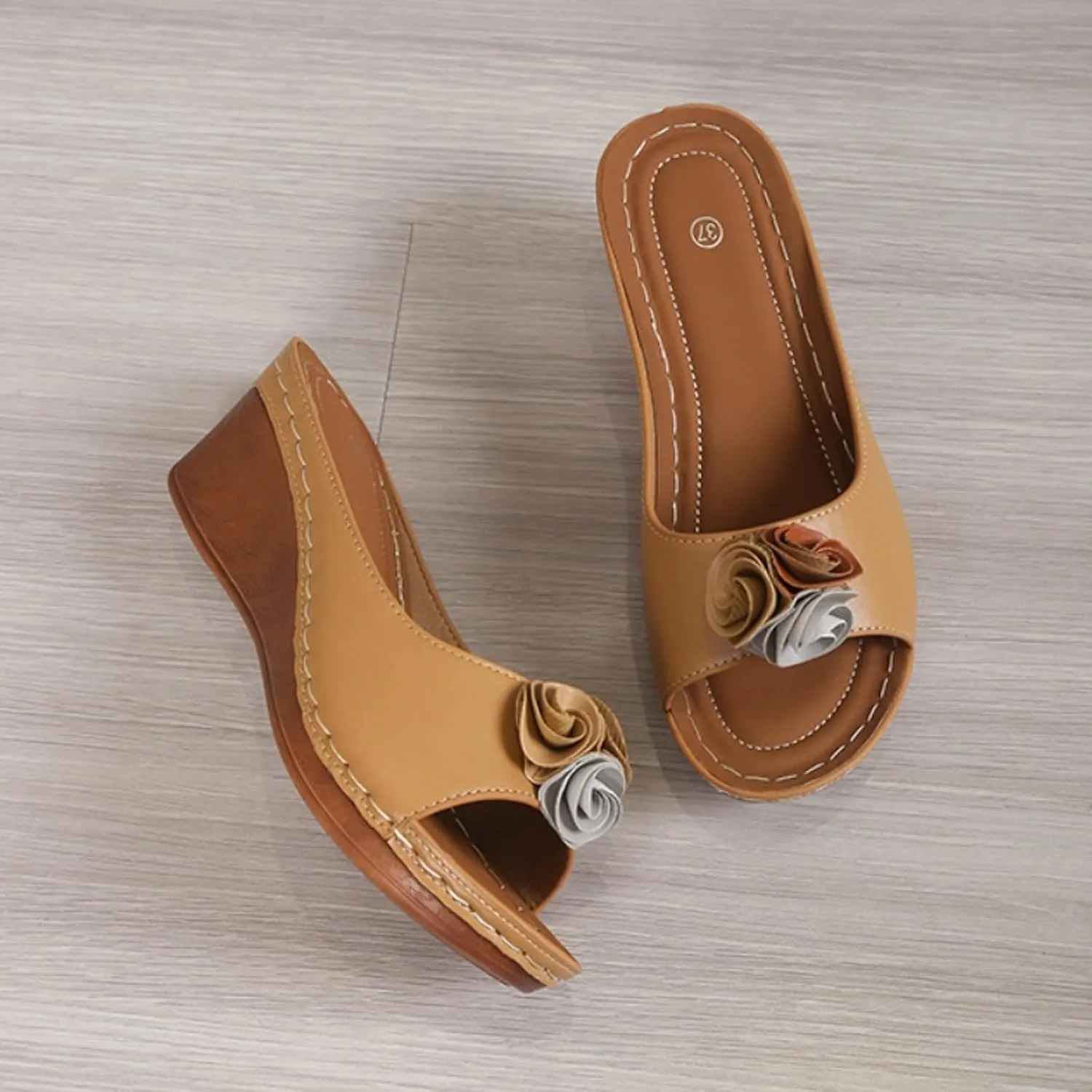 SuanlaTDS Women's Platform Wedge Sandals Flower Open-toe Slip On Slides Sandals Comfortable Casual Summer Peep Toe Slingback Low Heels Wedges Sandals Elegant Party Work Shoes