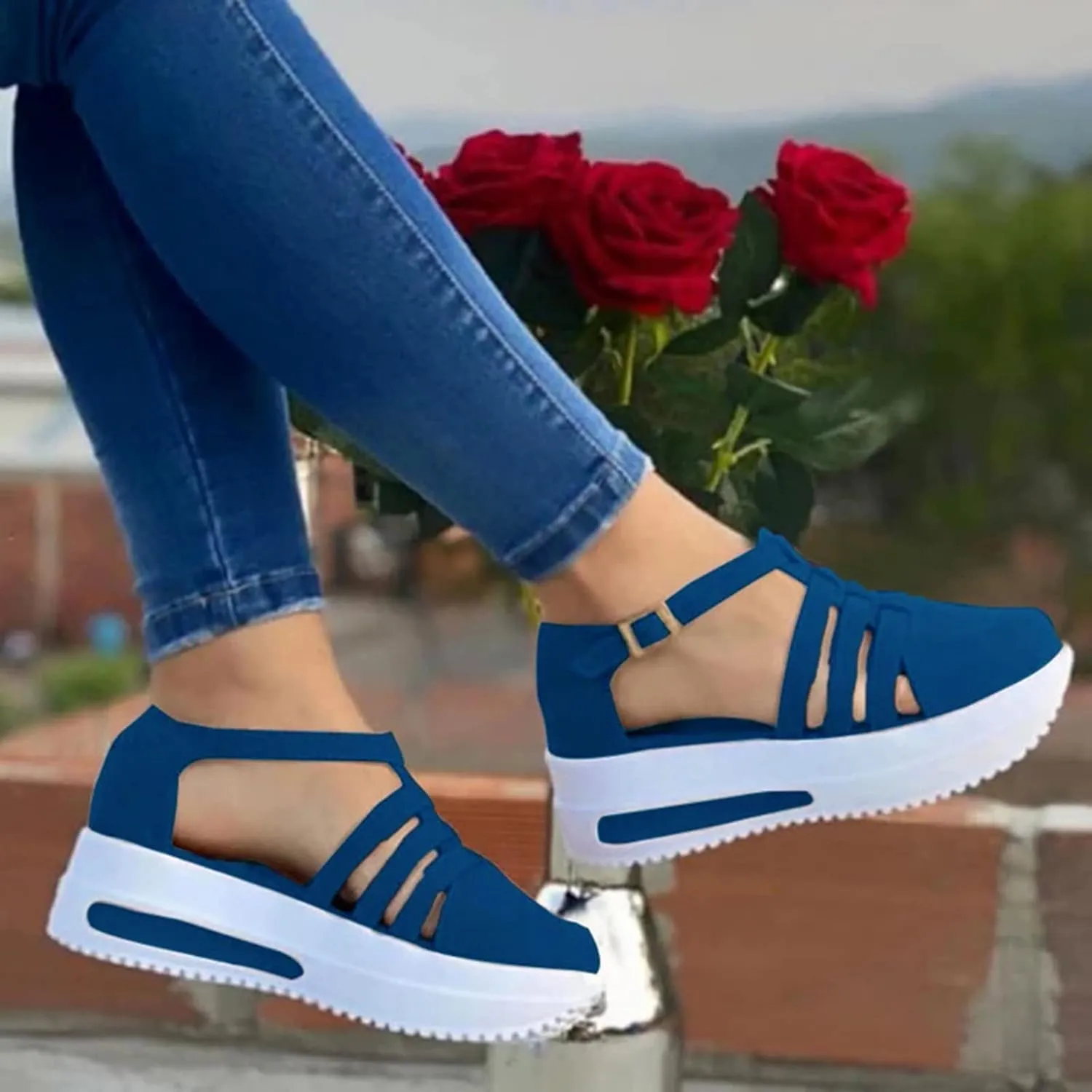 SuanlaTDS Womens Sandals Wedge Closed Toe Platform Spring Summer Sneakers with Ankle Strap Cut Out Dressy Comfortable Outdoor Walking Shoes Footwear Thick Bottom Low Heels Loafers