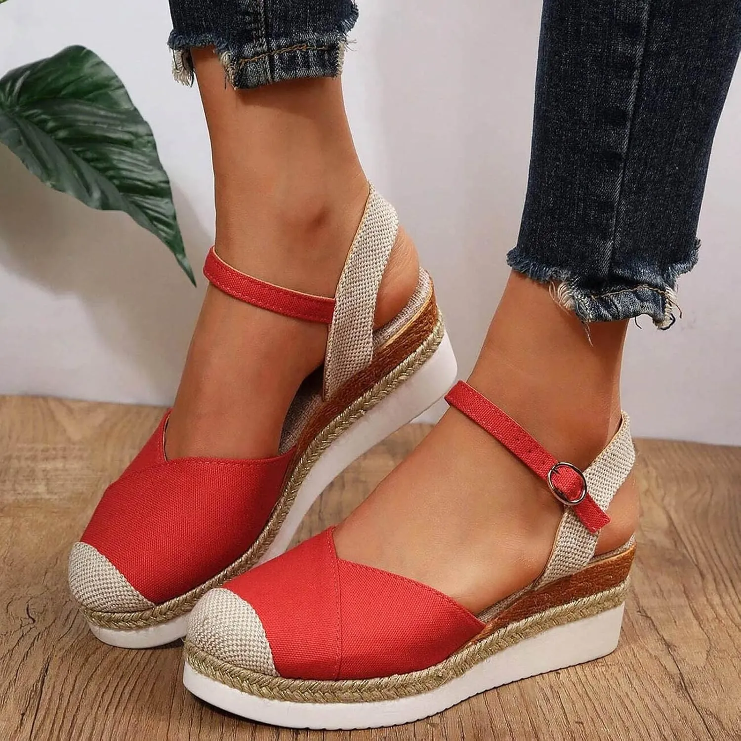 SuanlaTDS Womens Wedge Sandals Closed Toe 2025 Espadrilles Buckle Ankle Strap Platform Casual High Heels Wedges Elegant Comfortable Outdoor Spring Summer Beach Shoes Dressy Party Sandal