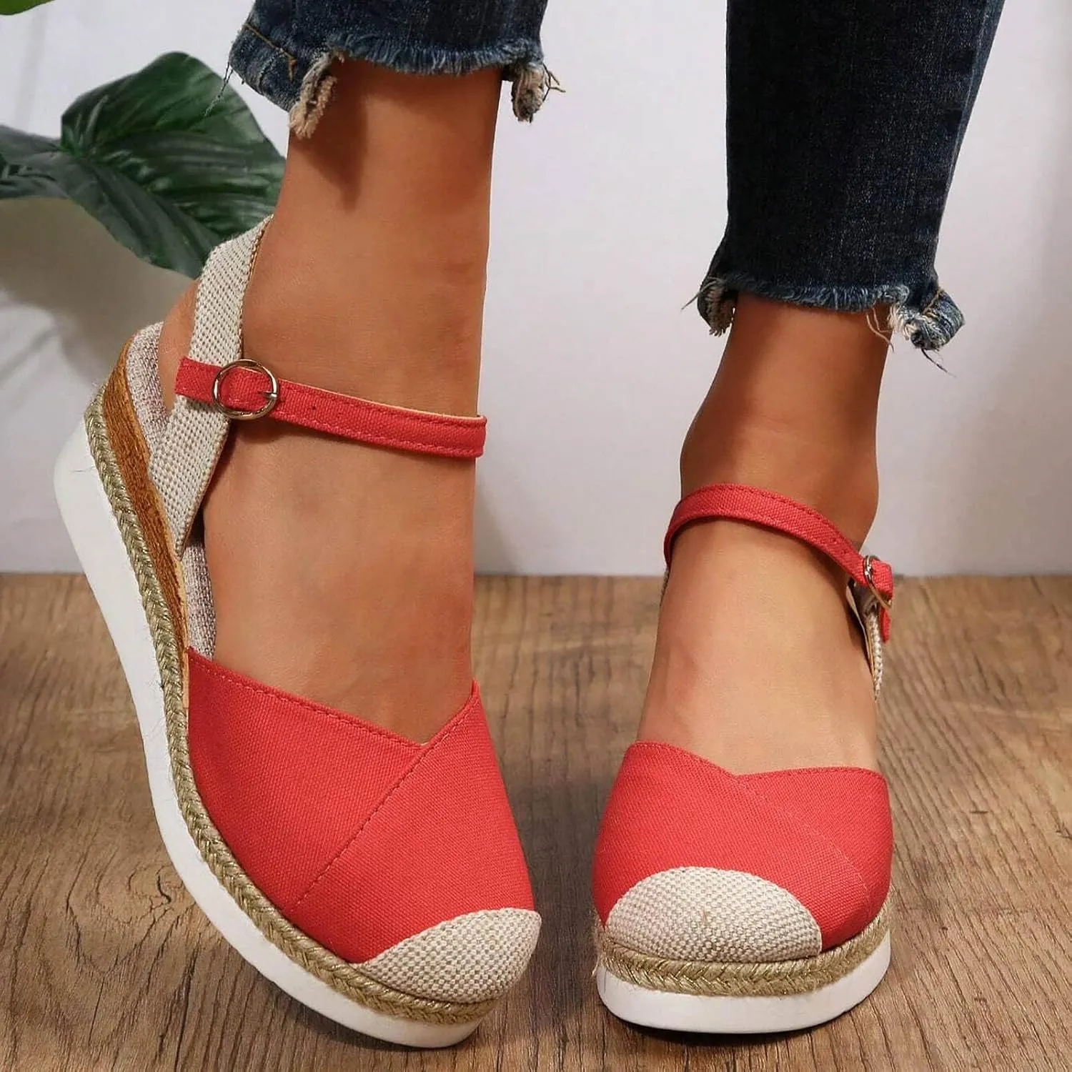 SuanlaTDS Womens Wedge Sandals Closed Toe 2025 Espadrilles Buckle Ankle Strap Platform Casual High Heels Wedges Elegant Comfortable Outdoor Spring Summer Beach Shoes Dressy Party Sandal