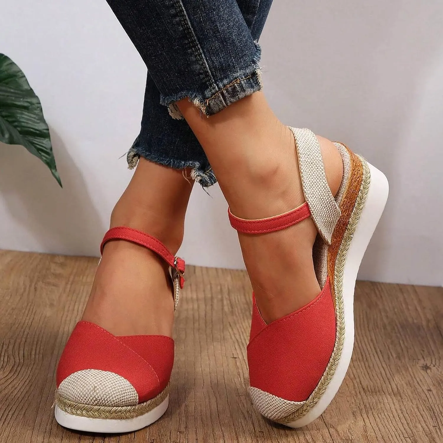 SuanlaTDS Womens Wedge Sandals Closed Toe 2025 Espadrilles Buckle Ankle Strap Platform Casual High Heels Wedges Elegant Comfortable Outdoor Spring Summer Beach Shoes Dressy Party Sandal