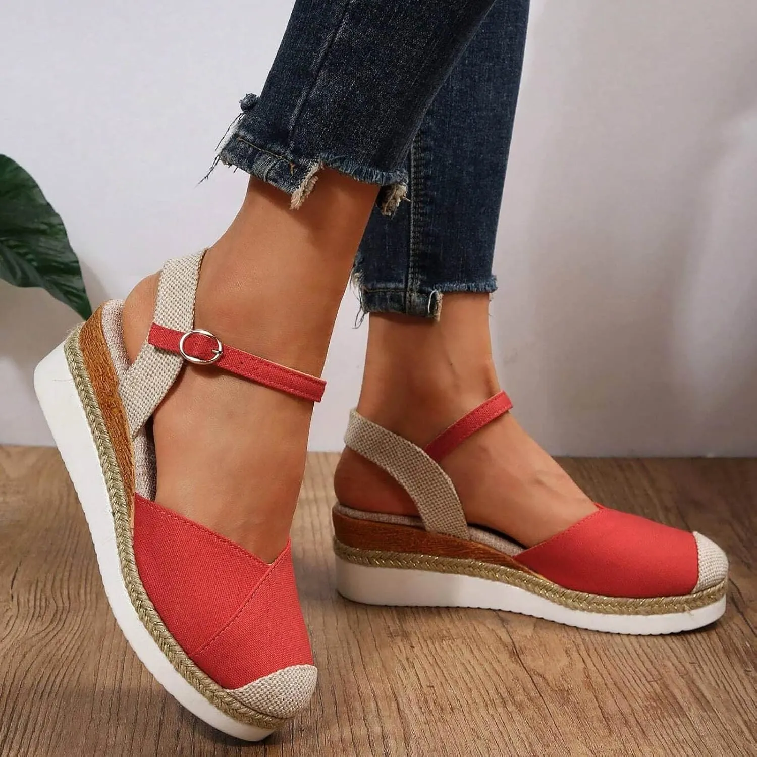 SuanlaTDS Womens Wedge Sandals Closed Toe 2025 Espadrilles Buckle Ankle Strap Platform Casual High Heels Wedges Elegant Comfortable Outdoor Spring Summer Beach Shoes Dressy Party Sandal