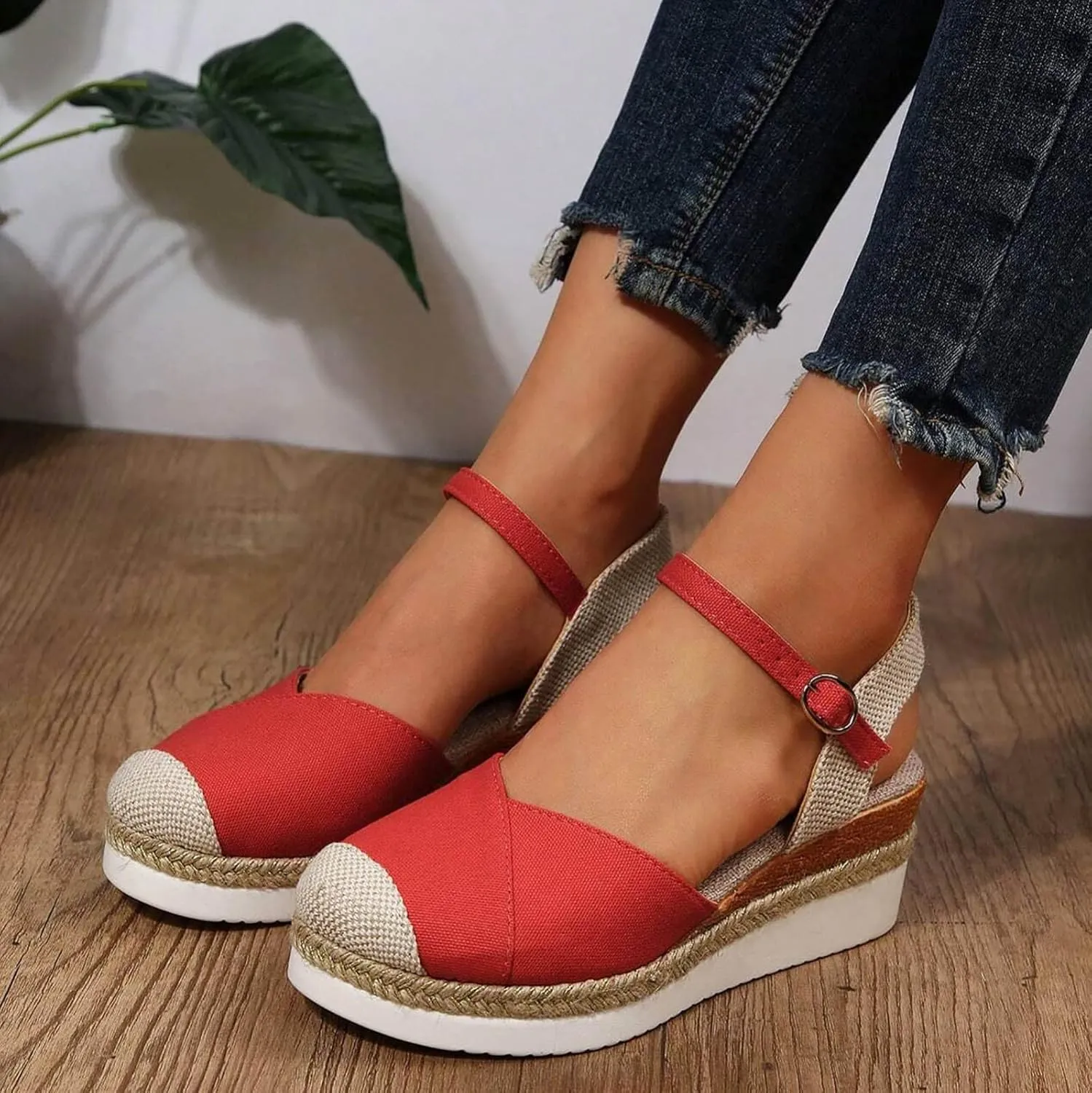 SuanlaTDS Womens Wedge Sandals Closed Toe 2025 Espadrilles Buckle Ankle Strap Platform Casual High Heels Wedges Elegant Comfortable Outdoor Spring Summer Beach Shoes Dressy Party Sandal