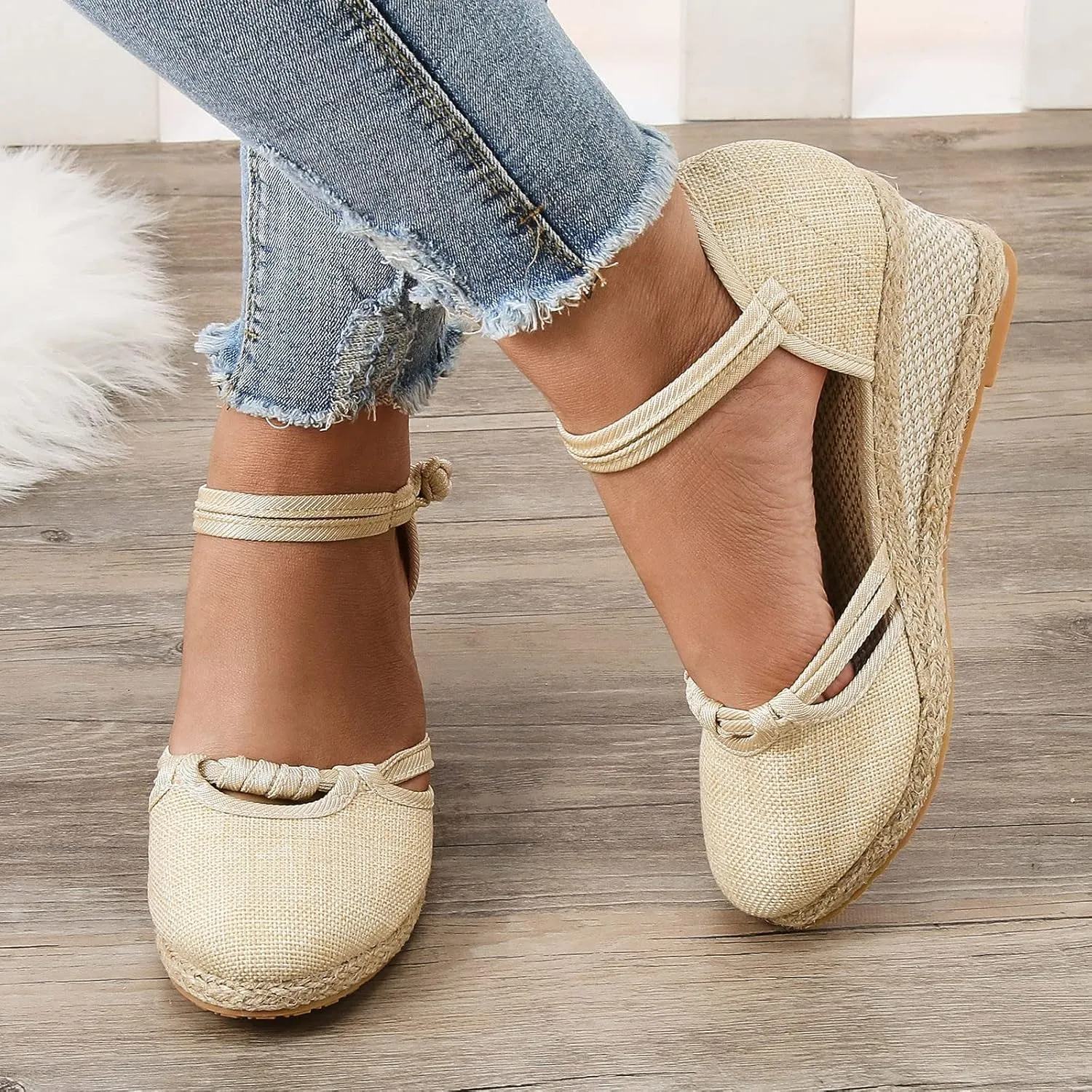 SuanlaTDS Women's Wedge Sandals Summer Platform Low Heels Ankle Strap Closed Toe Espadrille Shoes Comfortable Espadrilles Slip on Slides Sandals Bohemian Elegant Beach Sandals
