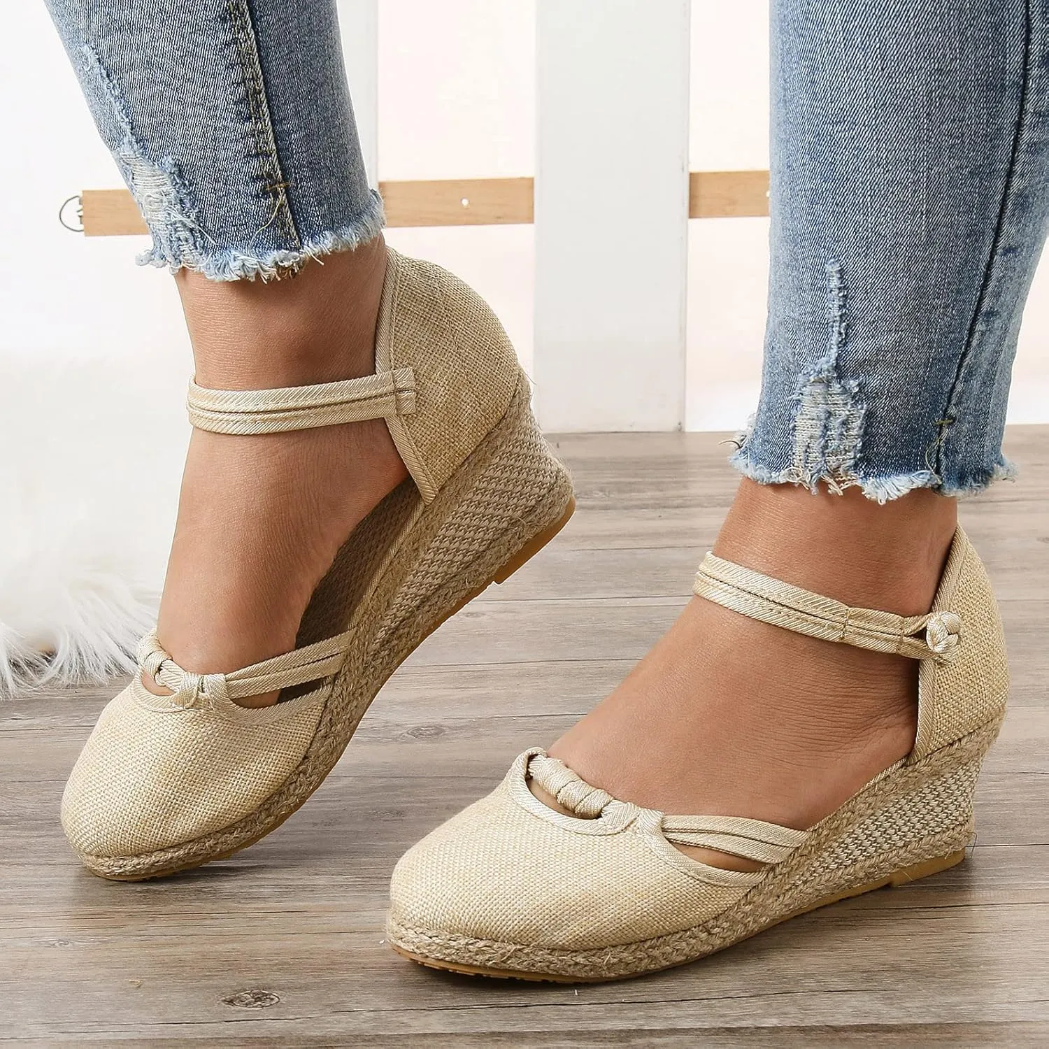 SuanlaTDS Women's Wedge Sandals Summer Platform Low Heels Ankle Strap Closed Toe Espadrille Shoes Comfortable Espadrilles Slip on Slides Sandals Bohemian Elegant Beach Sandals