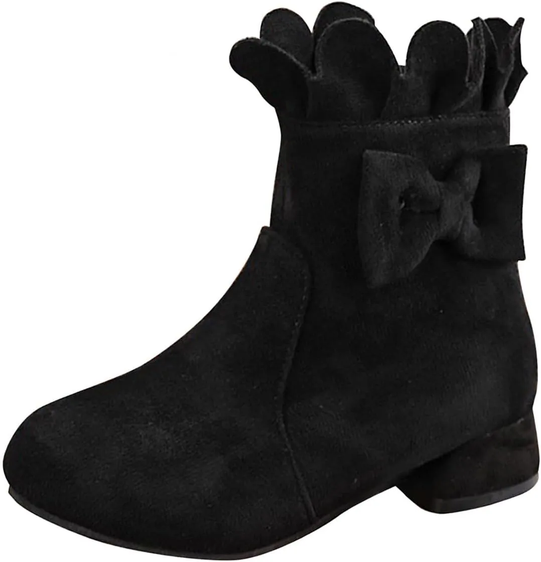 Toddler/Little Girls Sweet Short Ankle Boots Bowknot Side Zipper Low Heel Dress Booties Fashion Boots for Girls Tan