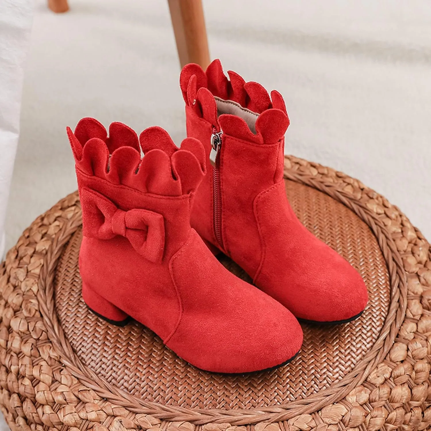 Toddler/Little Girls Sweet Short Ankle Boots Bowknot Side Zipper Low Heel Dress Booties Fashion Boots for Girls Tan
