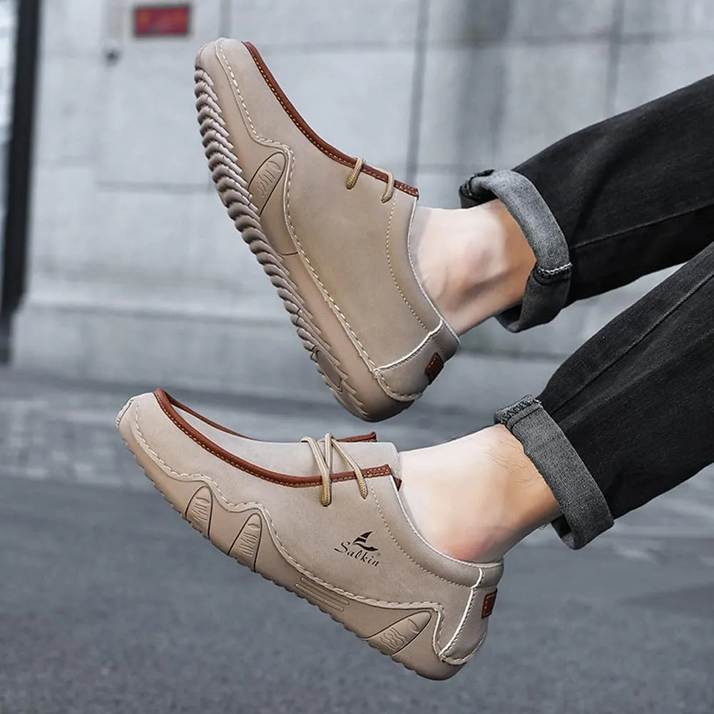 VAXAV Men's Premium Low Top Manual Stitching PU Casual Flat Walking Driving Loafers Shoes