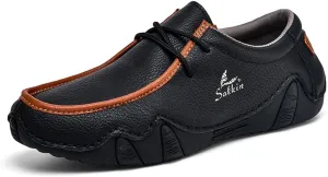 VAXAV Men's Premium Low Top Manual Stitching PU Casual Flat Walking Driving Loafers Shoes