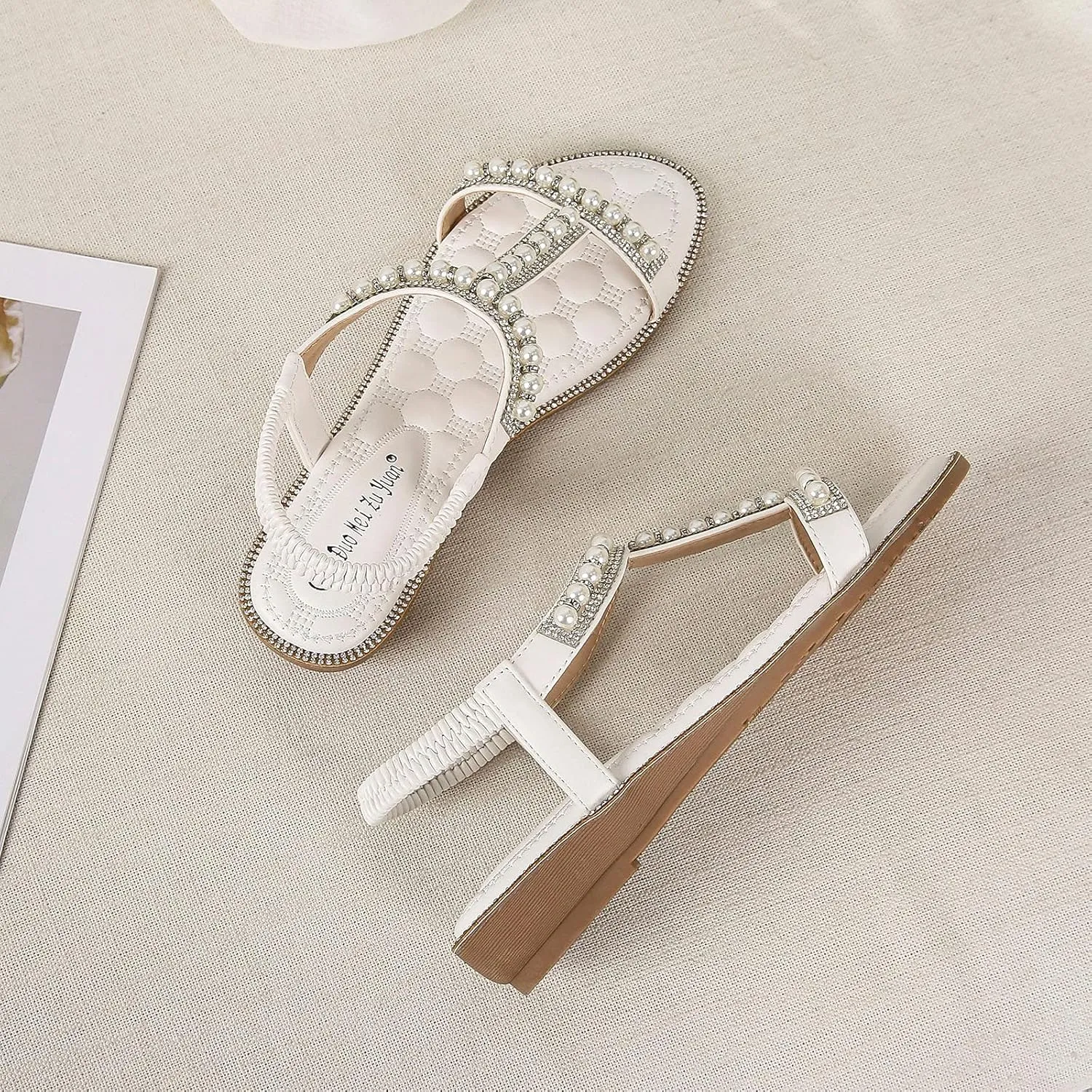 Women Summer Flat Sandals 2024 Boho Beach Sandals Ankle Strap Party Sandals Pearl Gladiator Dress Shoes Wedge Sandals