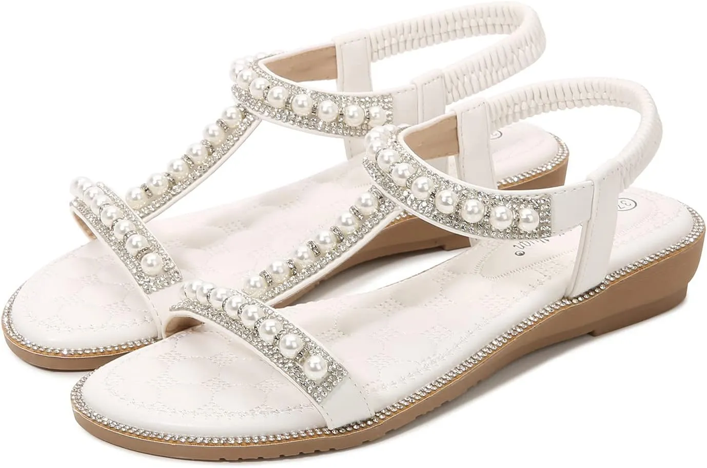 Women Summer Flat Sandals 2024 Boho Beach Sandals Ankle Strap Party Sandals Pearl Gladiator Dress Shoes Wedge Sandals
