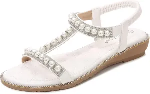 Women Summer Flat Sandals 2024 Boho Beach Sandals Ankle Strap Party Sandals Pearl Gladiator Dress Shoes Wedge Sandals