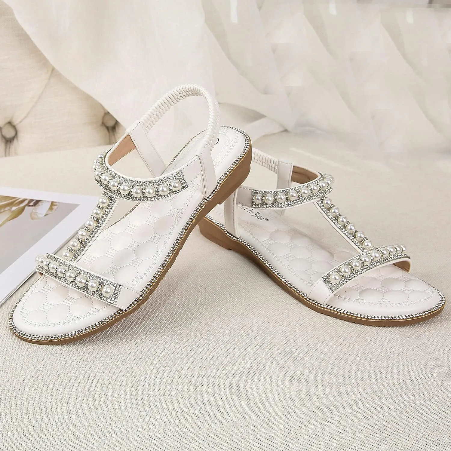 Women Summer Flat Sandals 2024 Boho Beach Sandals Ankle Strap Party Sandals Pearl Gladiator Dress Shoes Wedge Sandals
